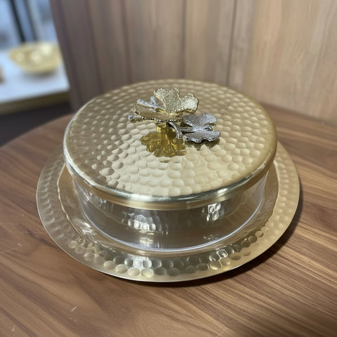Golden Rounded Metal & Plexi serving plate with Tray, “Butterfly Design”