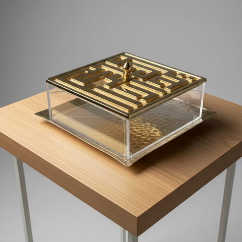 Golden Square Metal & Plexi serving Plates with a tray “Kufic calligraphy design