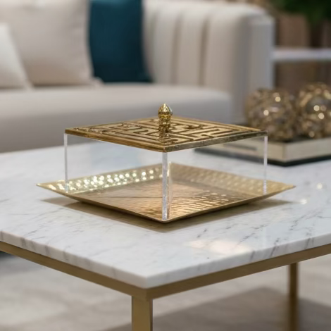 Golden Square Metal & Plexi serving Plates with a tray “Kufic calligraphy design