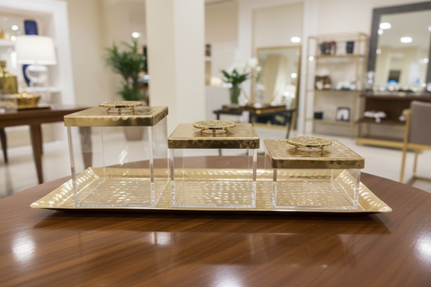 Plexi Serving Plates with Golden Tray & Lids “Arabic Calligraphy Design” 7pcs